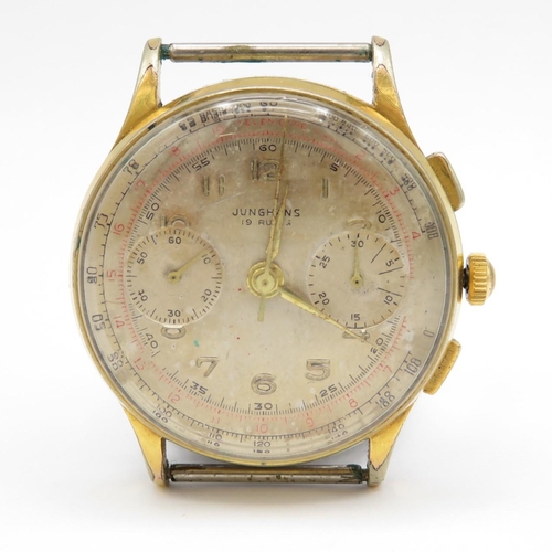 Junghans Gents Vintage gold plated wristwatch head.  Handwind.  Working.  Junghans 88 calibre.  19 jewel manual wind movement.  Junghans signed dial & movement.  Circa 1940/50s