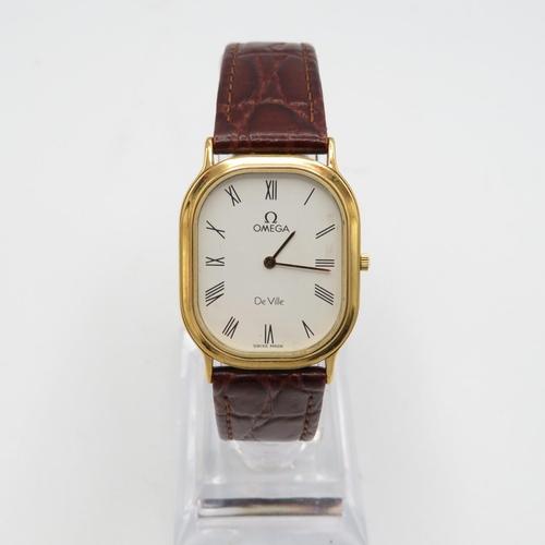 Omega De Ville Gents Vintage circa 1980s gold plated quartz wristwatch.  Working.  New battery fitted.  Condor brown leather strap.