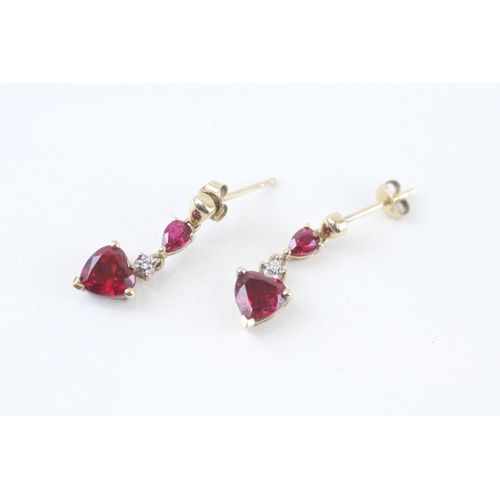 9ct gold diamond & heart-shaped synthetic ruby drop earrings (1.8g)