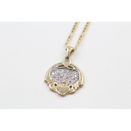9ct gold diamond irish claddah pendant necklace (3.2g)