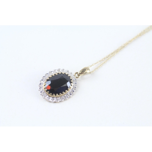 9ct gold sapphire single stone with diamond frame pendant necklace (4.3g)