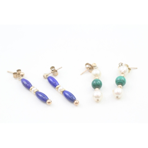 2x 9ct gold cultured pearl, malachite & lapis lazuli drop earrings (4.5g)