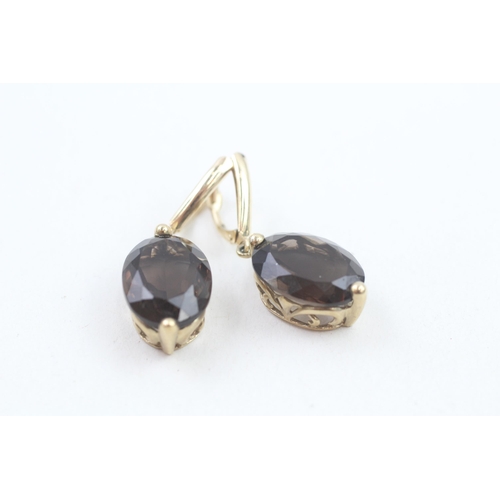 9ct gold oval cut smokey quartz drop leaver back earrings (6.8g)