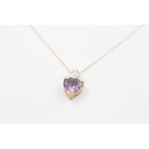 9ct gold heart cut amethyst & diamond pendant necklace (1.2g)