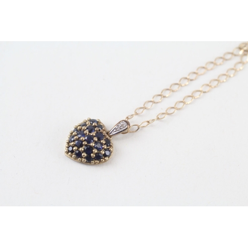 9ct gold vintage sapphire and diamond set heart pendant necklace (2.2g)
