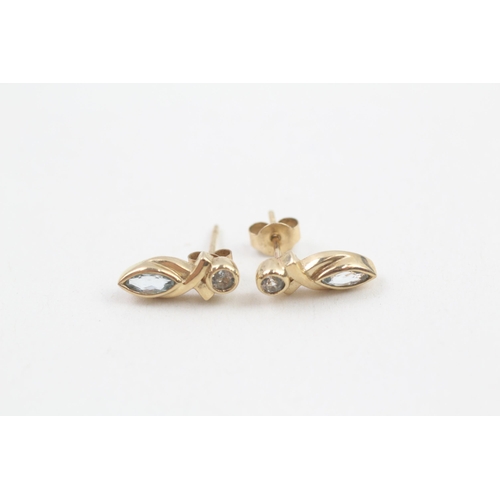9ct gold blue gemstone bezel set earrings with scroll backs (1.6g)