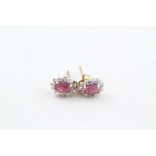 9ct gold oval cut ruby & diamond cluster stud earrings, claw set with scroll backs (1g)