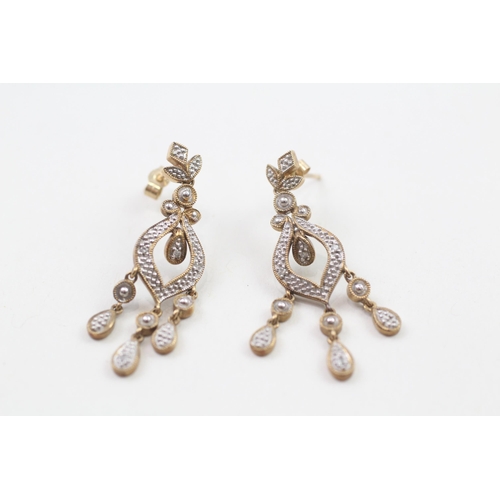 9ct gold diamond fancy drop earrings with a milgrain edge & scroll backs (3.9g)