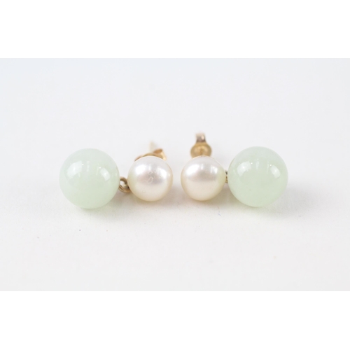 14ct gold cultured pearl and jade ball drop earrings (2.9g)