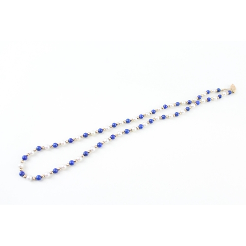 9ct gold polished lapis lazuli & cultured pearl necklace with gold beads & clasp (7.7g) Size  N