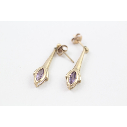 9ct gold marquise cut amethyst drop earrings with scroll backs (2.3g)