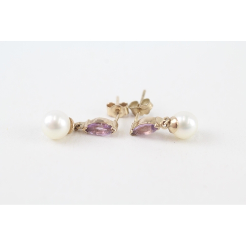 9ct gold marquise cut amethyst & cultured pearl drop earrings (1.4g)