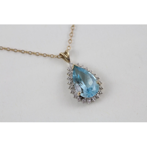 9ct gold pear cut blue topaz & diamond cluster pendant necklace (3.8g)