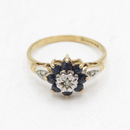 9ct gold vintage sapphire & diamond cluster ring (1.8g) Size  K