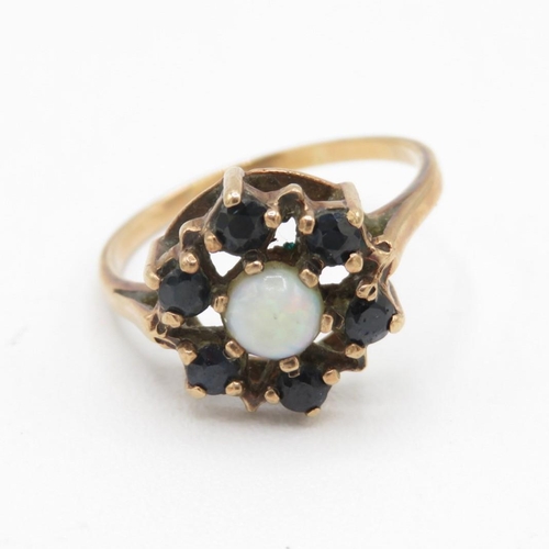 9ct gold vintage opal & sapphire cluster ring , claw set (2.2g) Size  M