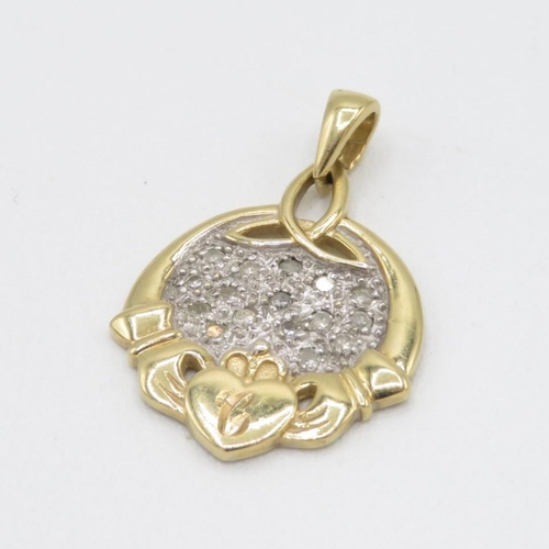 9ct gold pav� set diamond Irish claddagh pendant (2.1g)