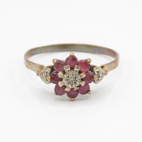 9ct gold vintage ruby & diamond cluster ring (2.4g) - MISHAPEN - AS SEEN  Size  X 1/2