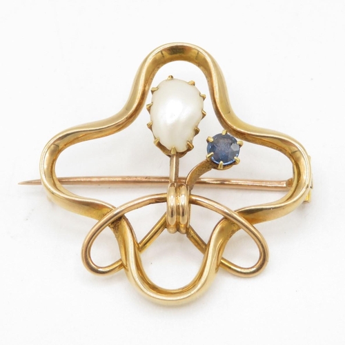 14ct gold baroque pearl & sapphire brooch (5.2g)