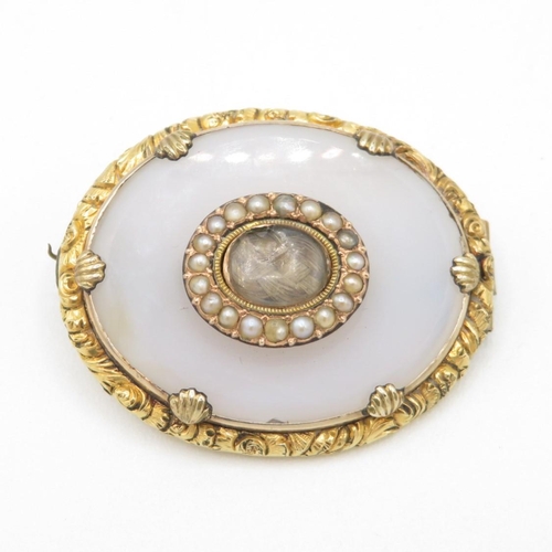 15ct gold antique white chalcedony, seed pearl & hairwork antique brooch (12.5g)