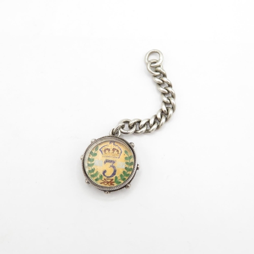 Antique silver watch fob with enamelled Threepence inside 7.5g