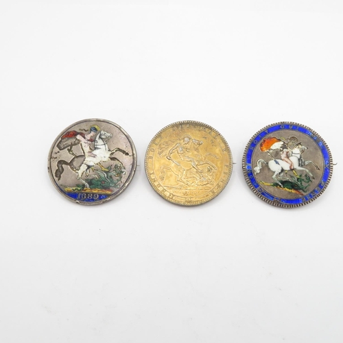 3x pre-1920 silver coins - 2x enamelled - all three turned into badges  83g