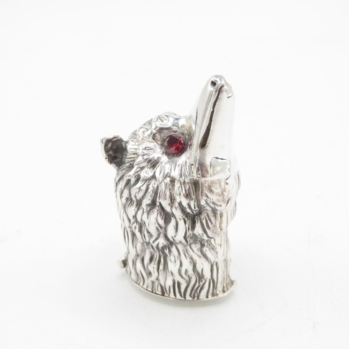 Fox Head 925 HM Sterling Silver Vesta with red glass eyes and tight hinged lid in excellent condition.  (35g)  50mm long