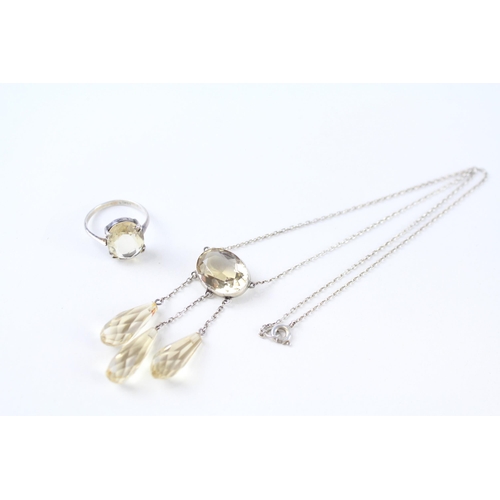 A beautiful silver antique citrine drop necklace and similar ring (10g)