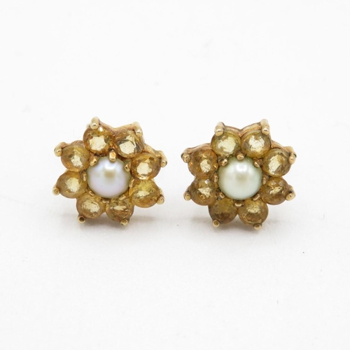 9ct gold vintage cultured pearl & yellow gemstone cluster stud earrings (2.1g)