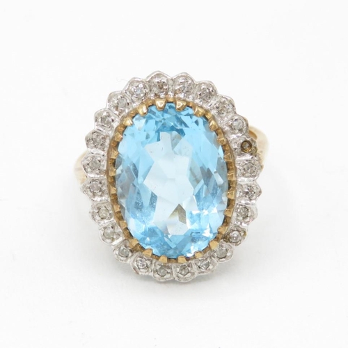 9ct gold Swiss blue topaz single stone with diamond frame cocktail ring (4.7g) AS SEEN Size  K