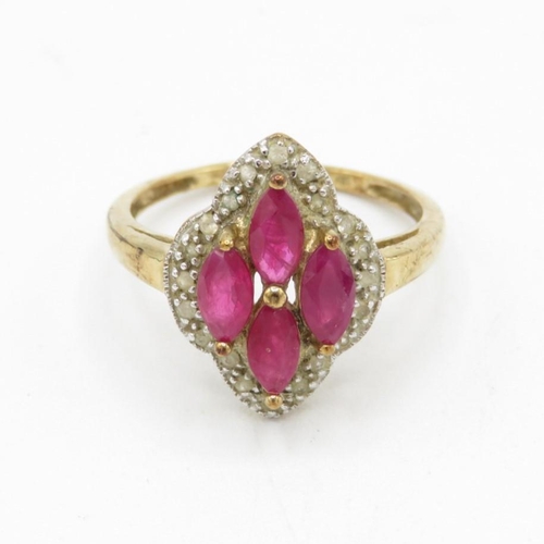 9ct gold ruby four stone cluster cocktail ring with white sapphire frame (2.6g) Size  O