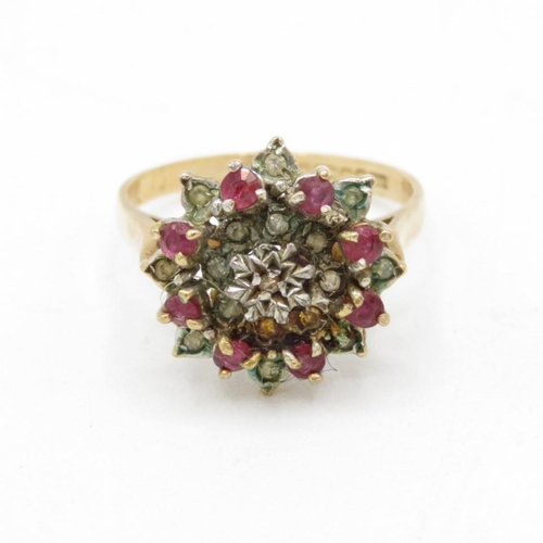 9ct gold diamond & ruby floral cluster ring (3.2g) Size  O
