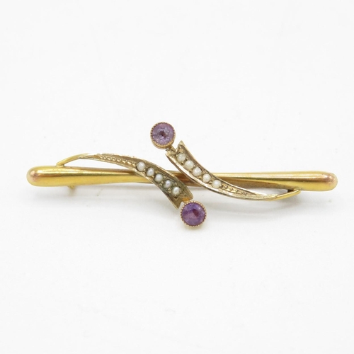 9ct gold antique amethyst & seed pearl bar brooch with base metal pin (1.4g)