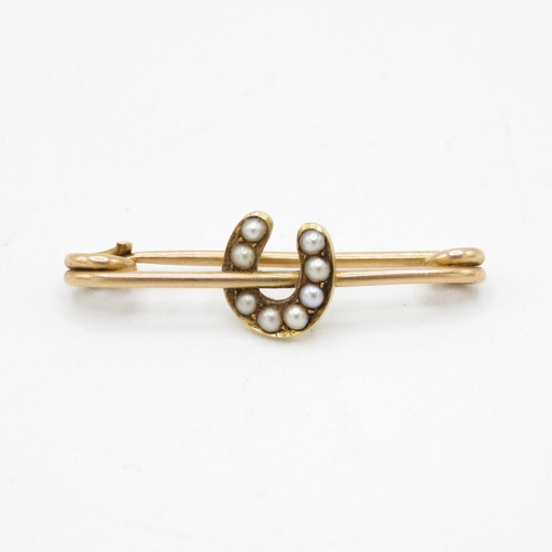 14ct gold antique seed pearl horseshoe bar brooch (1.9g)