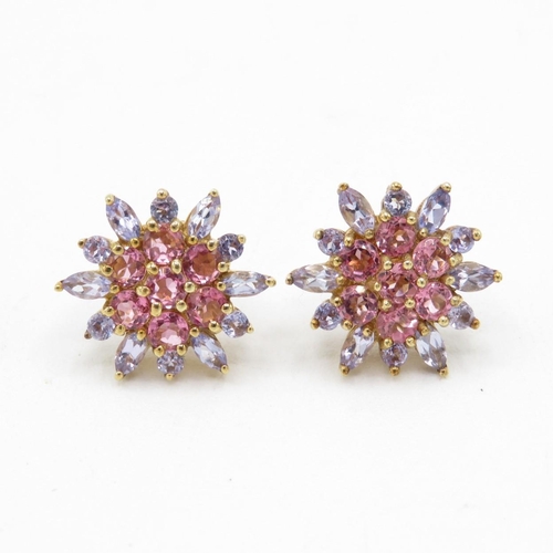 9ct gold pink tourmaline & tanzanite floral cluster stud earrings (3.9g)