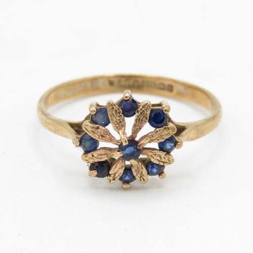 9ct gold sapphire nine stone openwork floral cluster ring (1.4g) Size  N