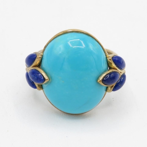 9ct gold enhanced turquoise & lapis lazuli dress ring (5.5g) Size  P 1/2