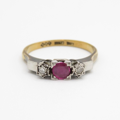 9ct gold ruby & diamond three stone ring (2.6g) Size  L 1/2