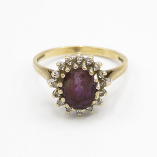 9ct gold vintage amethyst & diamond cluster ring, claw set (2.7g)