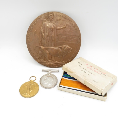 WWI Boxed medal pair and Death Plaque - Arthur Ernest Rowley medals 18032 Pte.