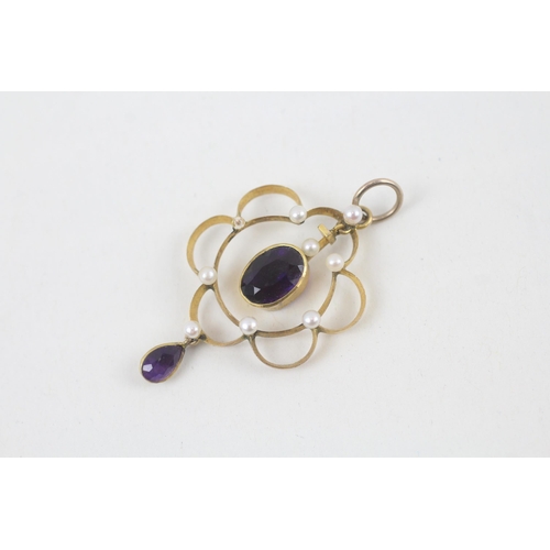 113 - 9ct gold antique amethyst & seed pearl openwork pendant  2.2 g