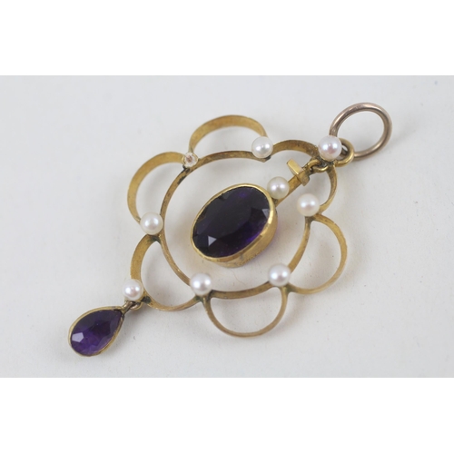 113 - 9ct gold antique amethyst & seed pearl openwork pendant  2.2 g