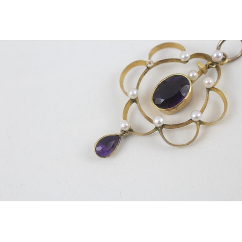 113 - 9ct gold antique amethyst & seed pearl openwork pendant  2.2 g
