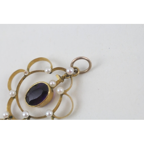 113 - 9ct gold antique amethyst & seed pearl openwork pendant  2.2 g