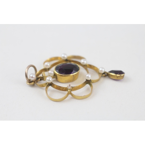 113 - 9ct gold antique amethyst & seed pearl openwork pendant  2.2 g