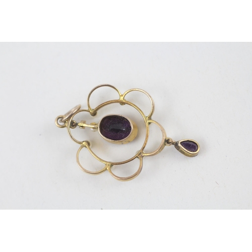 113 - 9ct gold antique amethyst & seed pearl openwork pendant  2.2 g