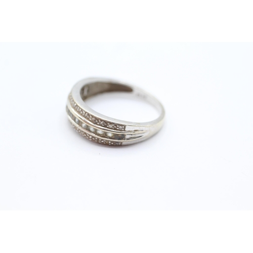 70 - 9ct white gold diamond & blue gemstone three row dress ring Size O 2.5 g