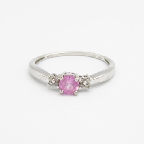 9ct gold pink sapphire & diamond three stone ring Size  K 1/2 1.2 g