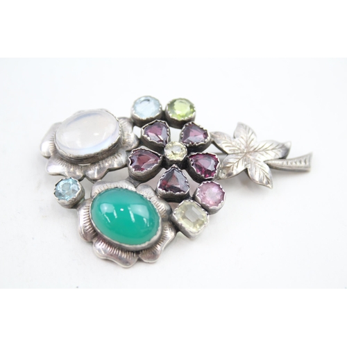 343 - Vintage sterling silver multi-gemstone floral brooch including moonstone, garnet (25g)