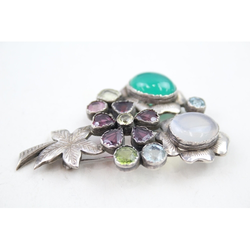 343 - Vintage sterling silver multi-gemstone floral brooch including moonstone, garnet (25g)