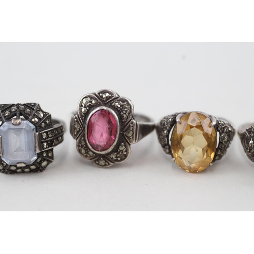 345 - Five silver Art Deco marcasite rings (25g) Size K, K, L, L, P